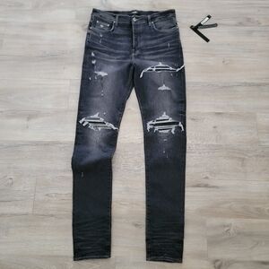 AMIRI MX1 Leather Detailed Distressed Skinny Jeans Grey sz 38